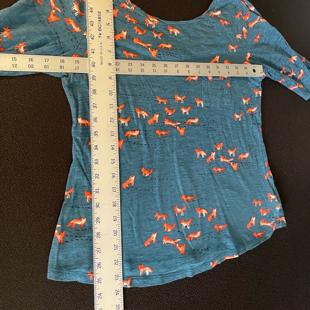 Anthropologie 1/2 sleeve scoop neck blue top w/ orange fox pattern sz XL - Picture 10 of 10